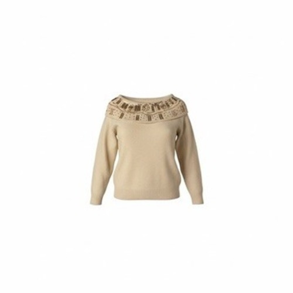 Petite Sophisticate Beaded Cream Off Shoulder‎ Cozy 90s Womens Sweater P M